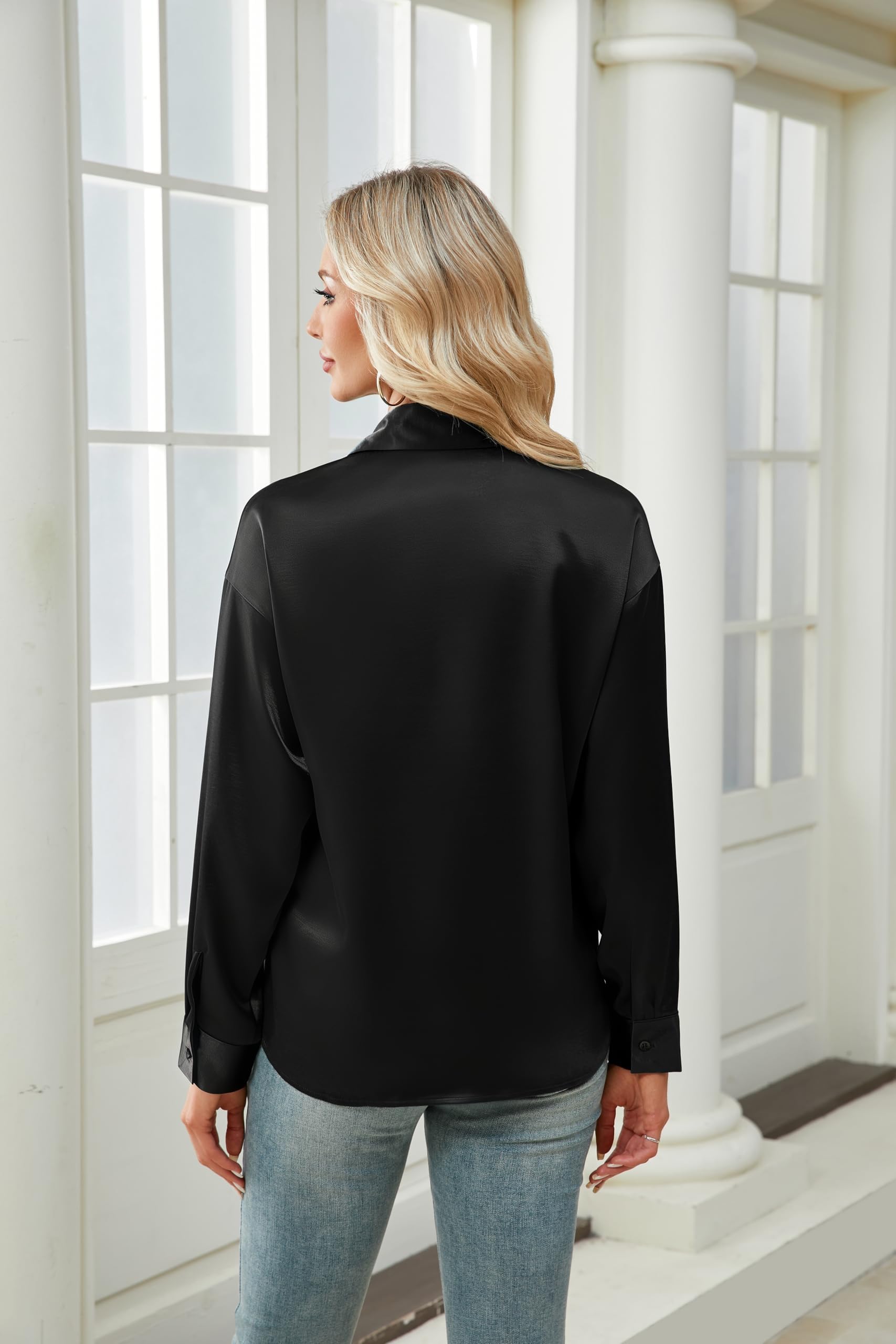 Chemisier Femme Satin Manches Longues col en V élégant Haut décontracté en Soie uni pour Le travai Affaires Les fêtes