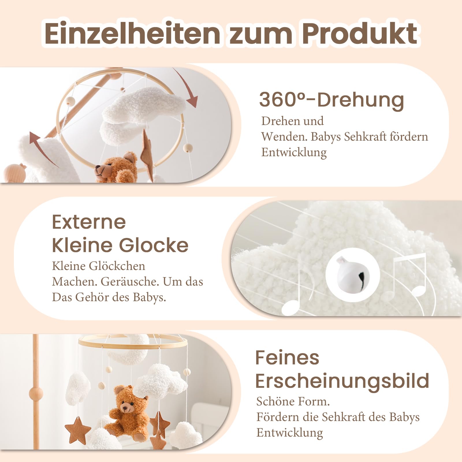 Herfair Cloche de lit mobile pour bébé avec ours en peluche - En bois - Carillon mobile à suspendre - Pour lit de bébé - Marron
