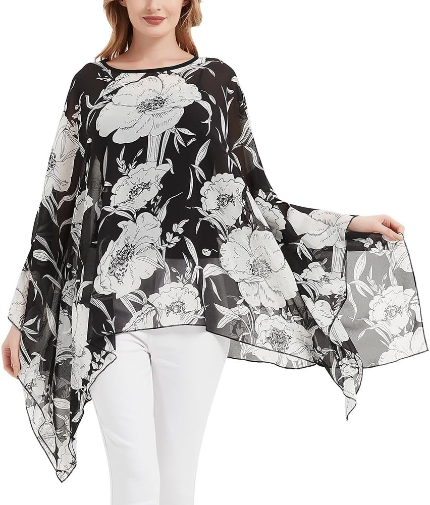 Max Hsuan Womens Summer Solid Sheer Batwing Blouse Chiffon Caftan Poncho Tunic Top Plus Size Cover up