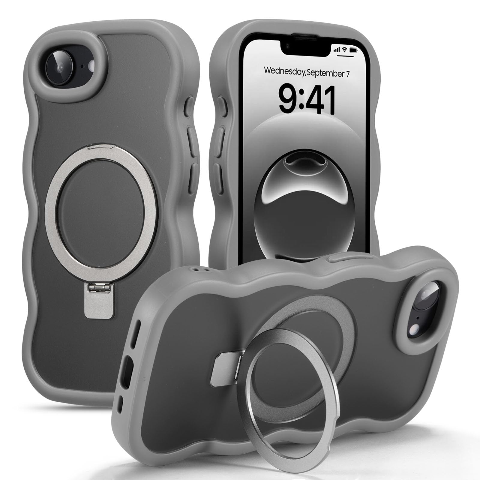 UEEBAI 対応 iPhone 17e/iPhone 16e 用の ケース 半透明 TPU ウェーブデザイン スマホケース 可愛い 人気 おしゃれ ケース Magsafe対応 横縦両立 薄型 軽量 マグネット搭載 波型 バンパー スマホケース - グレー