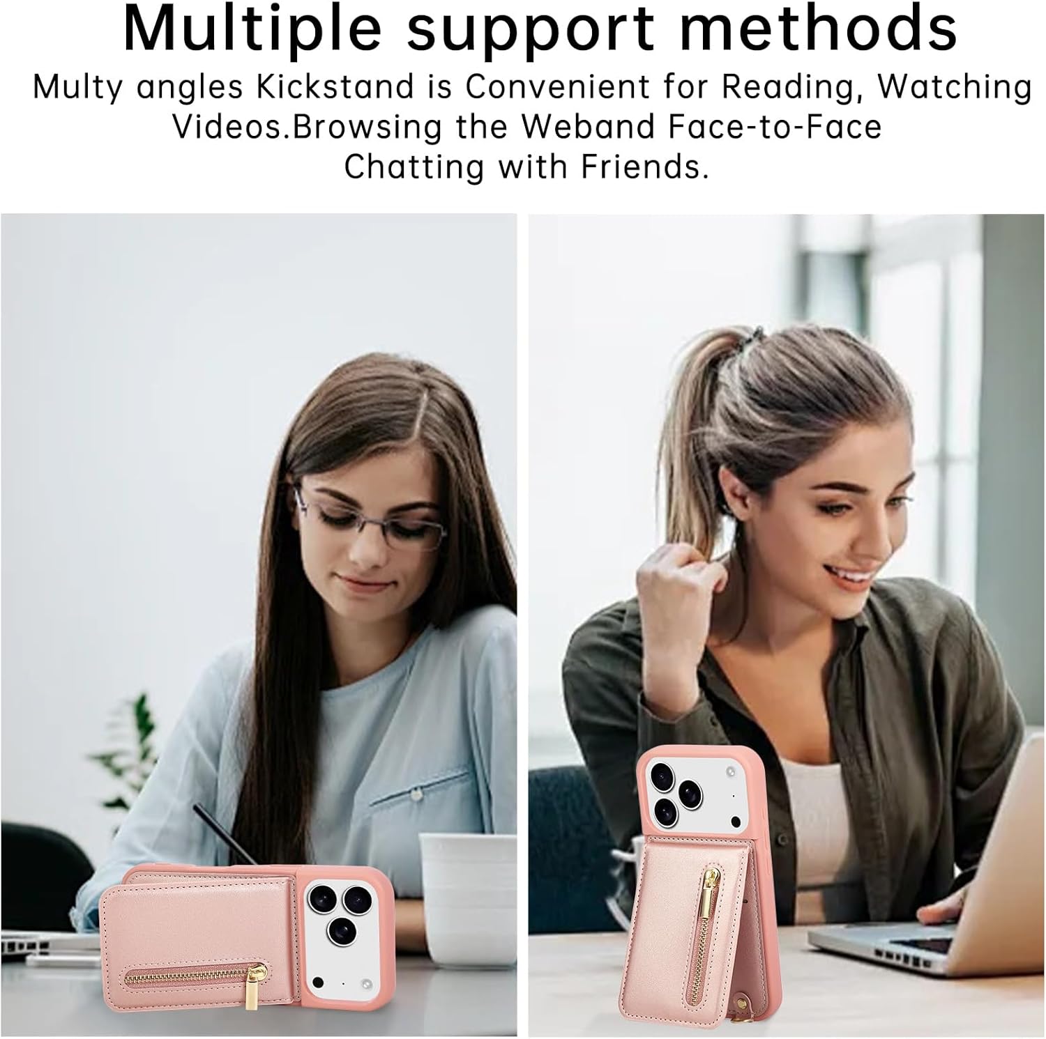 Crossbody Wallet Case for iPhone 17 Pro, with Card Slots Zipper Pocket Case, Flip Folio Purse RFID Blocking with Detachable Strap-Pink - Image 3