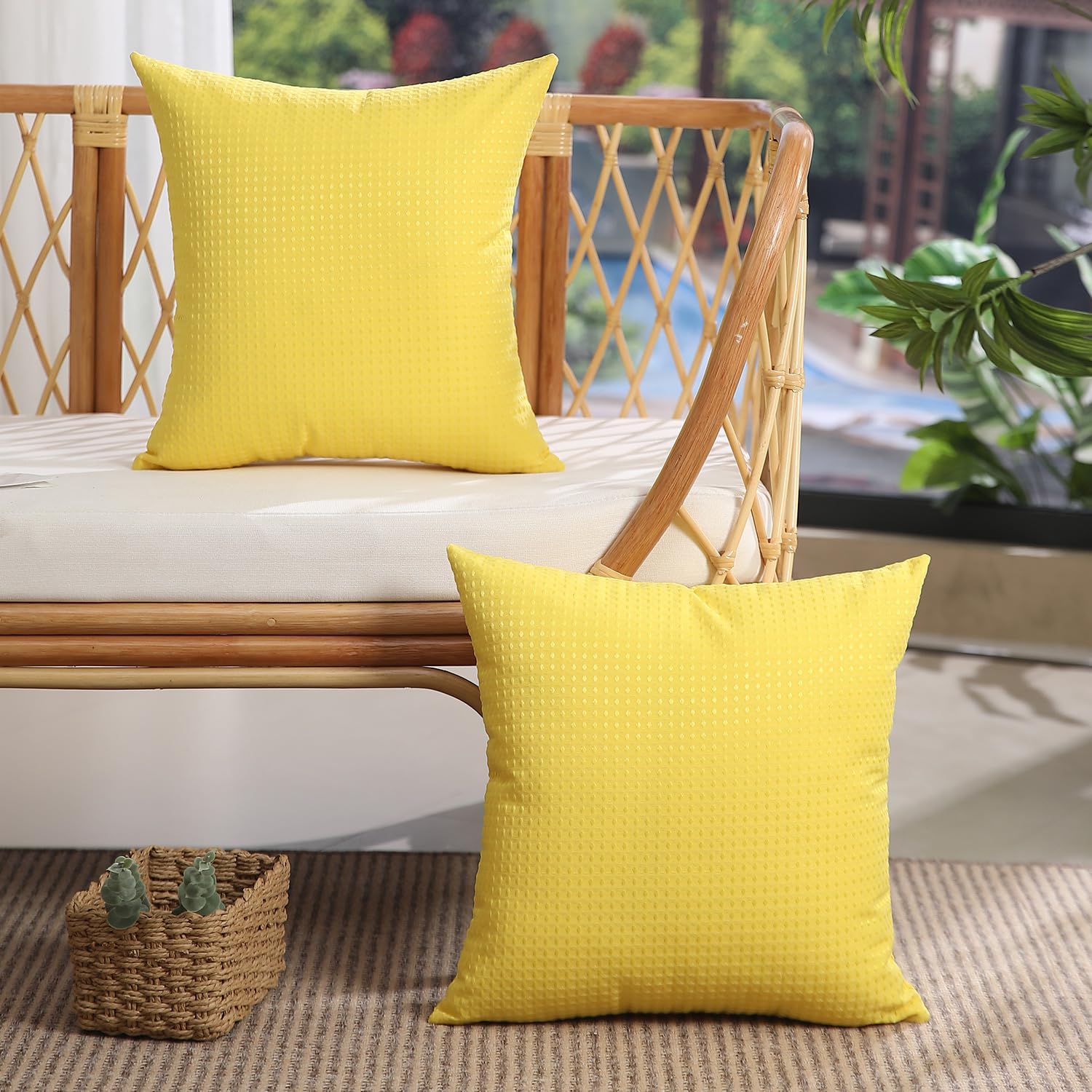 DFXSZ Outdoor Pillow Covers 24x24 Inch Set of 2 Yellow Waffle Textured Polyester Waterproof Decor for Patio Furniture Garden 025B24