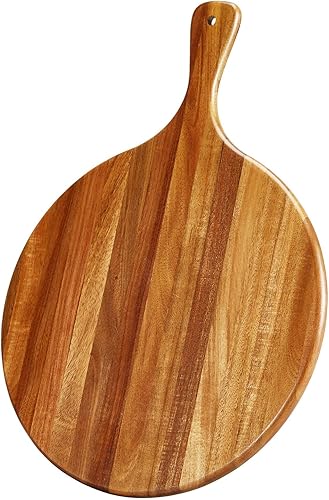 Tabla de cortar redonda de madera de acacia con asa - Tabla de charcutería de madera, tabla de cortar y servir versátil para pizza, pan, queso,