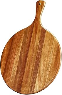 Acacia Wood Round Cutting Board with Handle - Wooden Charcuterie Board, Versatile Cutting Serving Board for Pizza, Bread, Cheese, Vegetables, and Kitchen Decor, 16"x12"
