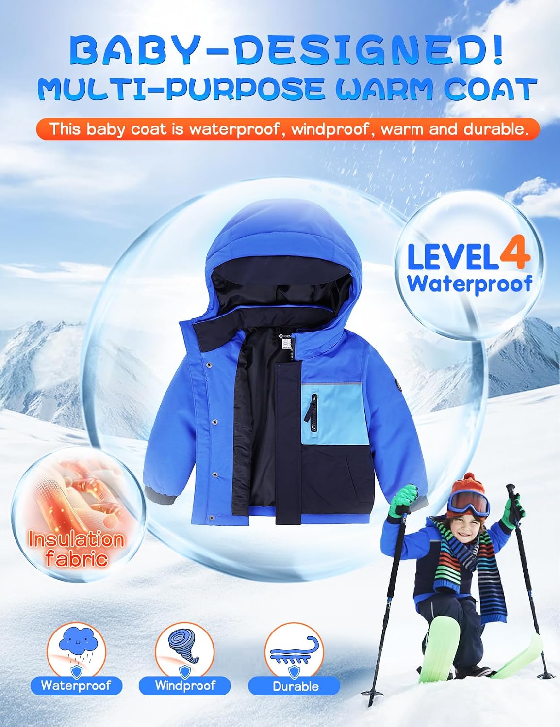 GEMYSE Toddler Winter Coat Waterproof Baby Boys Ski Snow Jacket with Hood