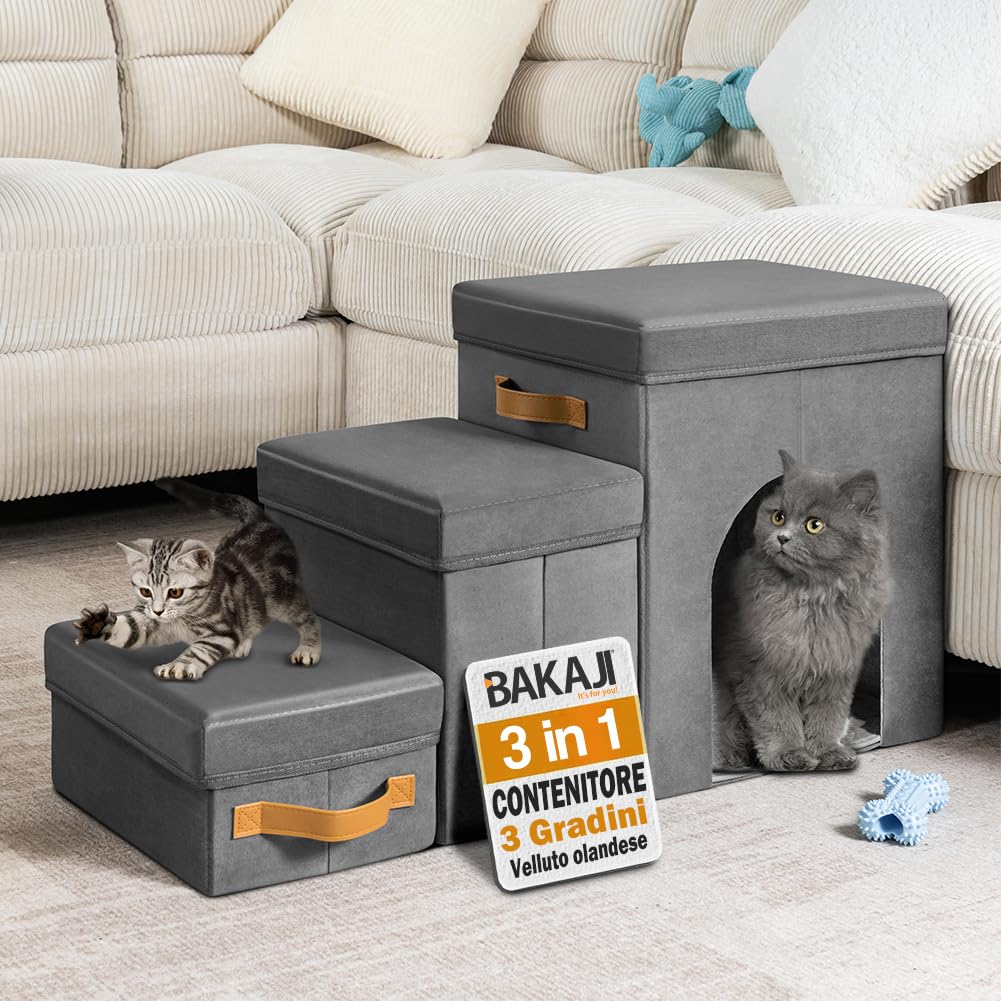 BAKAJI Scale per Cani e Gatti 3in1 Pieghevole in Velluto Olandese Grigio, Scala per Animali Domestici Multifunzione, Scaletta Vano Contenitore e Cuccia Casetta, Gradini Ergonomiche, Fondo Antiscivolo