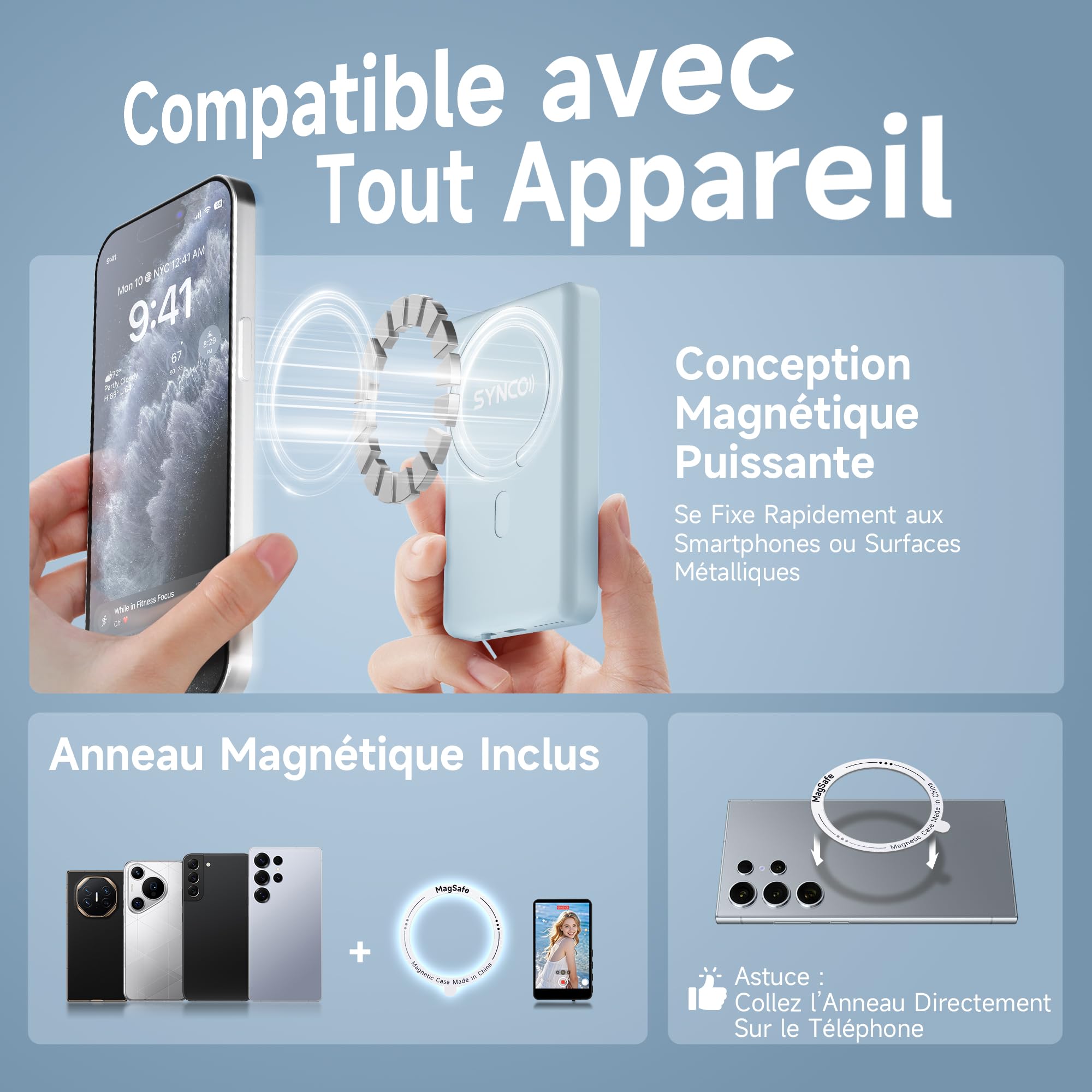 SYNCO XView Écran Moniteur Selfie Vlog pour iPhone et Android, Caméra Arrière Magnétique 4K/1080p avec Rotation 180°, Autonomie 3H et Haut-Parleur Intégré pour Youtube, TikTok, Live Streaming(Bleu)