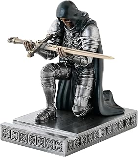 Skull Armor Warrior Pen Holder Cell Phone Stand with Cloak IGreen | Bookends Paperweight Resin Pencil Holder Desktop Organizer and Accessories with a Metal Sword Letter Opener as Gift for Desk