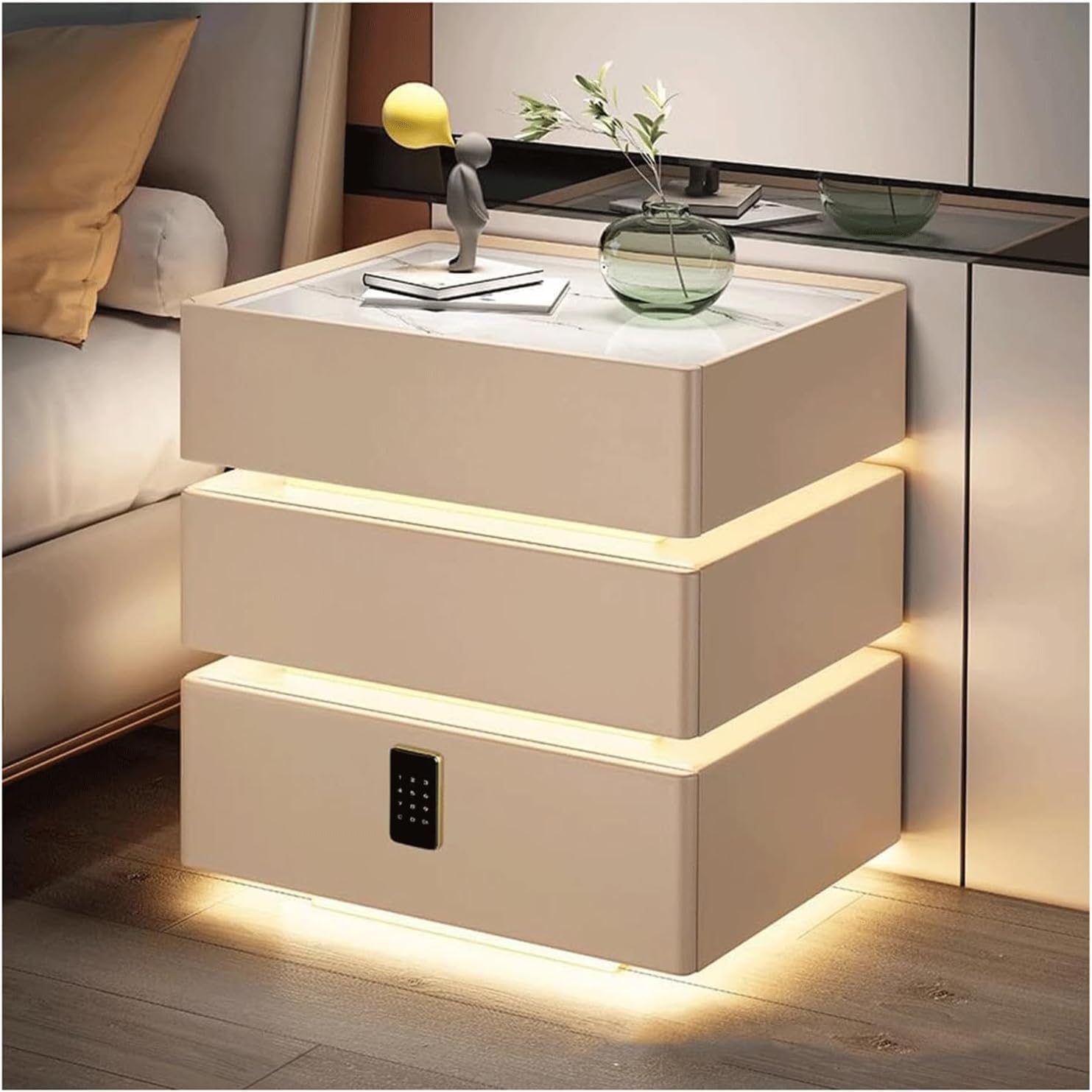Table de nuit intelligente suspendue avec tiroir à code, chargeur sans fil et LED 55cm