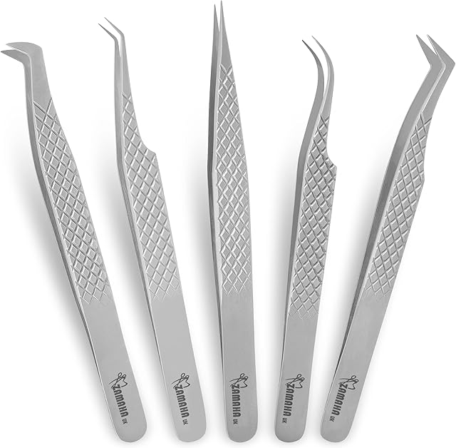 ZAMAHA UK Lash Eyelash Extension Tweezers Set of 5, Japanese Stainless Steel Tools Straight Curved 45 90 Degree Angled Tip, Volume Tweezers Precision (Shiny Look)