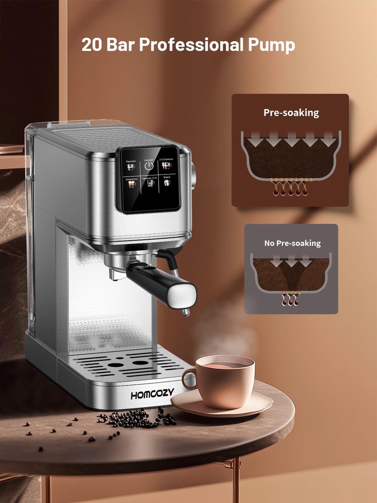 Macchina da caffè espresso da 20 bar con tecnologia Rapid Cold Brew, montalatte, controllo touch screen, serbatoio dell'acqua compatto, ideale per latte, cappuccino, americano, uso domestico e ufficio
