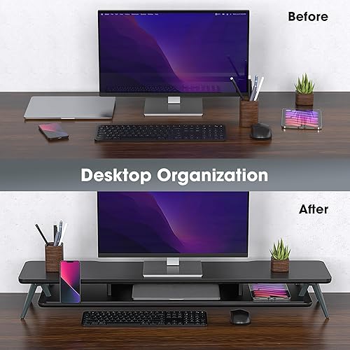 Miniatura 7 de Fenge Soporte para monitor doble, soporte elevador para 2 monitores, estante de escritorio de madera de 42.5 pulgadas con organizador de