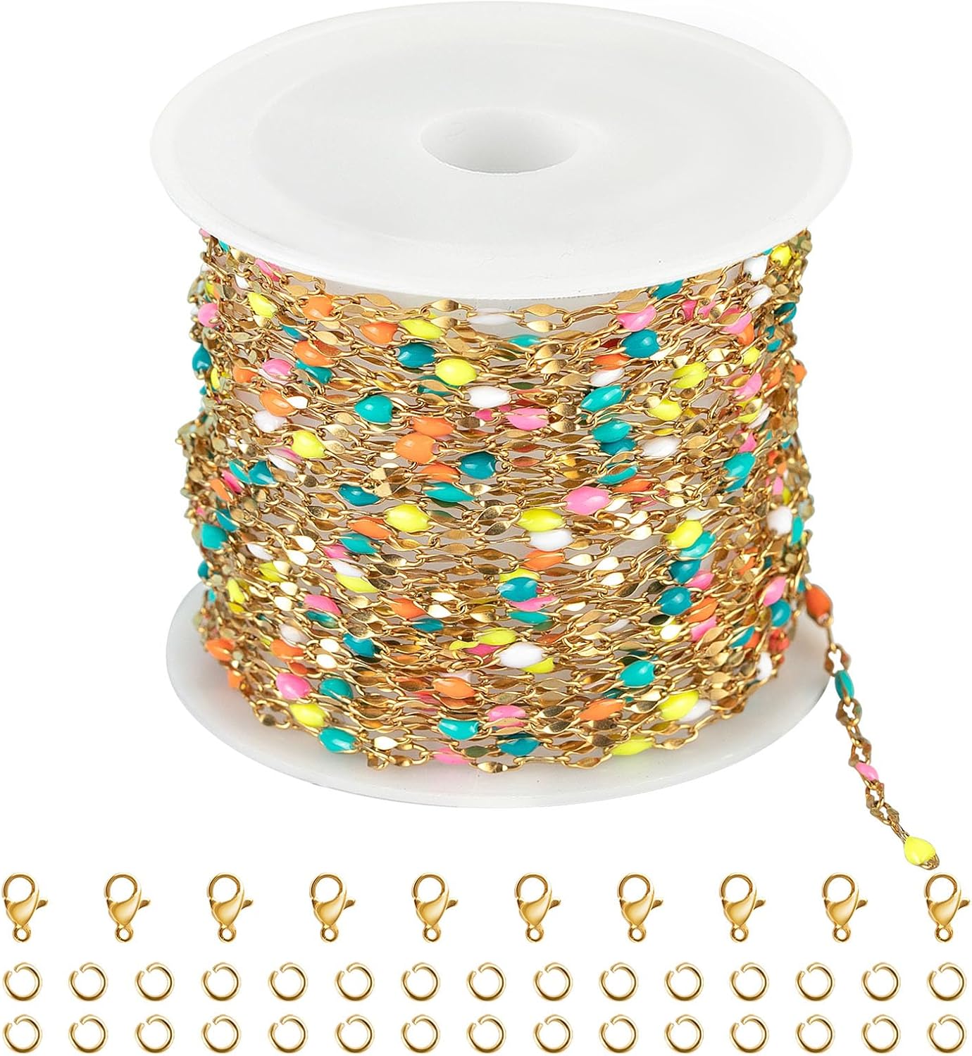 Kyutong 16.4 Feet Gold Plated Stainless Steel Chain Necklace Colorful Enamel Beaded Chains Bulk Thin Lip Chain Link with Lobster Clasps Jump Rings for DIY Jewelry Making