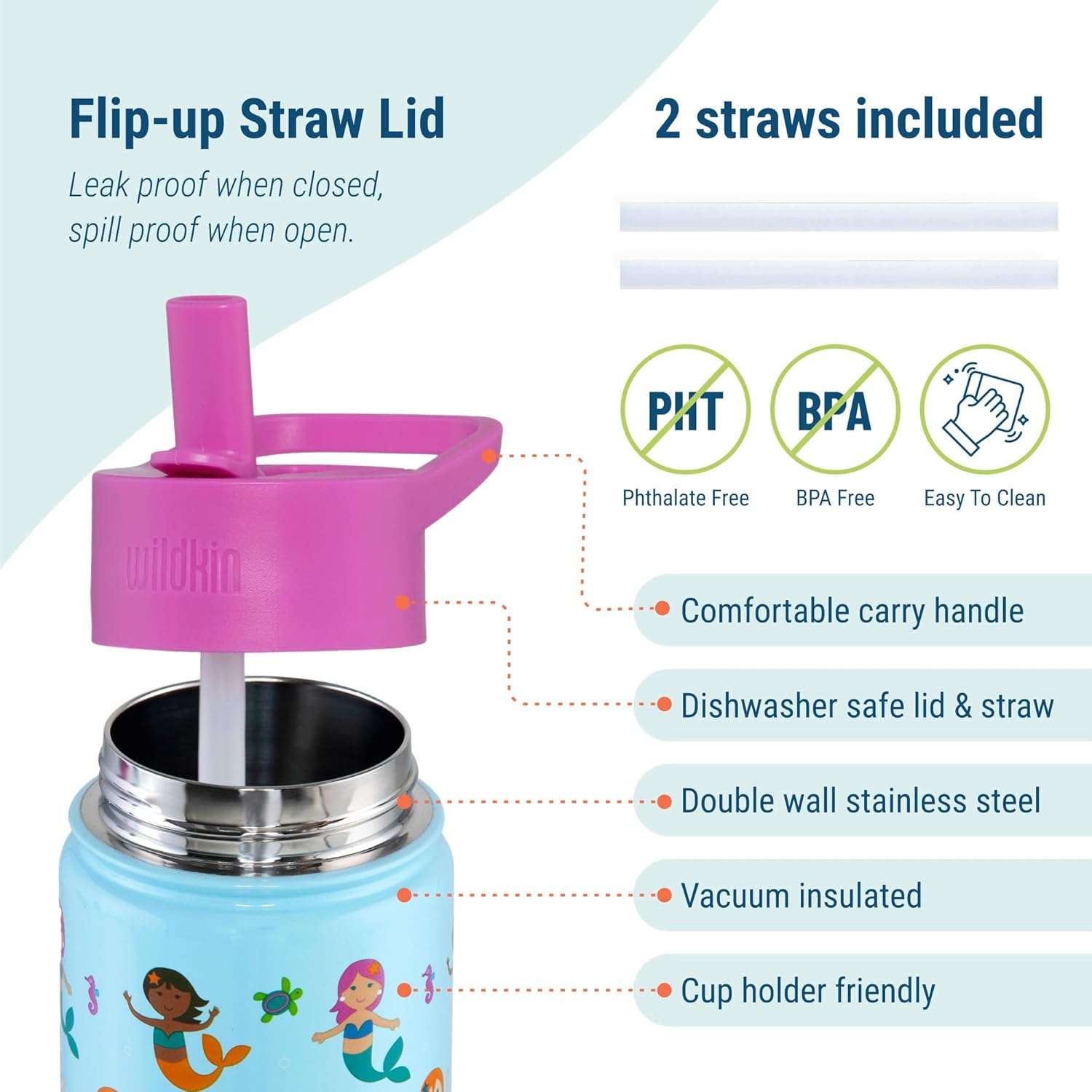 Wildkin Kids 14oz Stainless Steel Water Bottle – BPA-Free, Leakproof, Insulated, Easy-Clean - Mermaids - Image 4