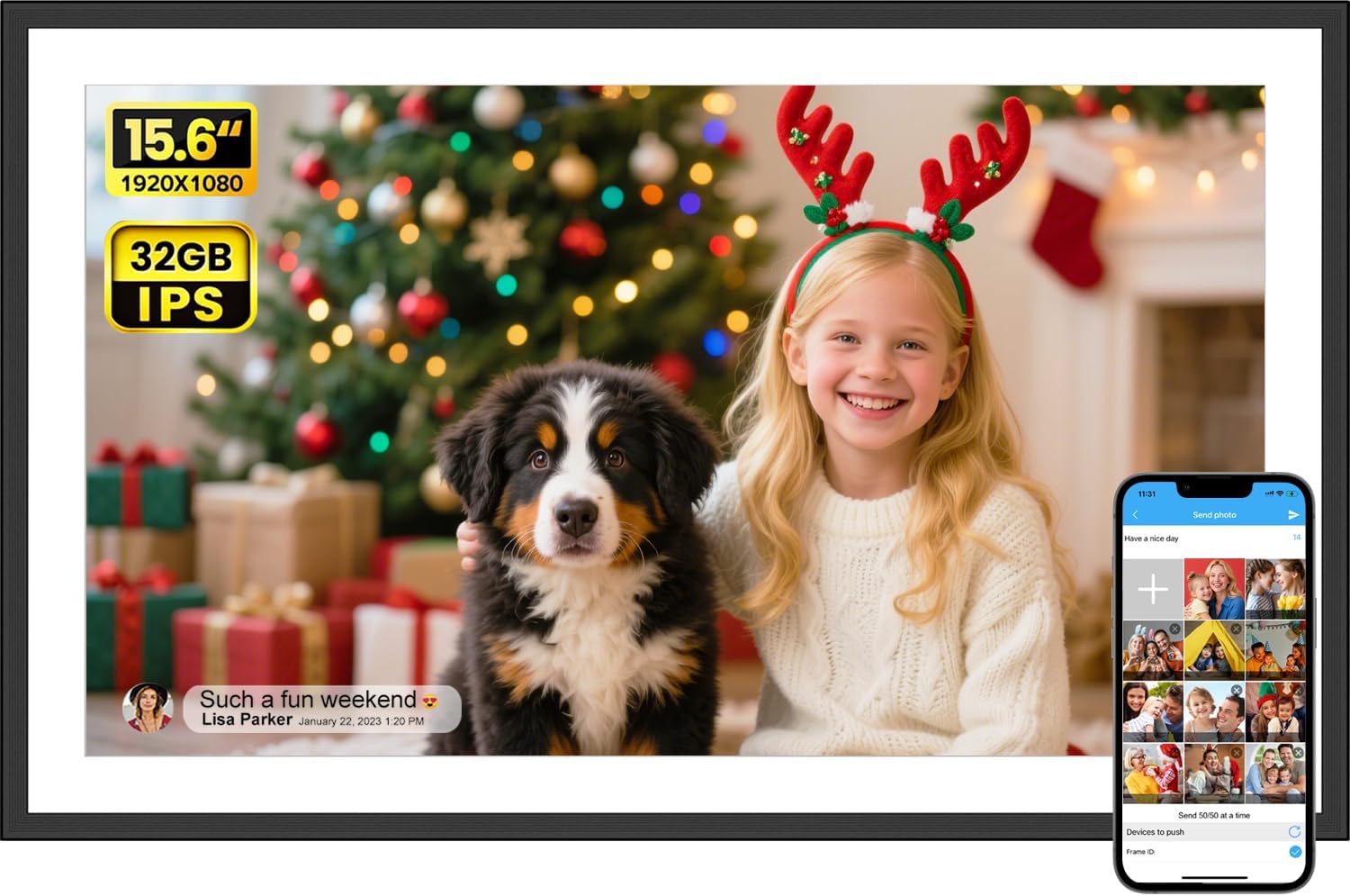 SSAWIFIFRAME Digital Picture Frame 15.6 inch Large 32GB WiFi Digital Photo Frame, Easy to Share Photos and Videos via Free App, IPS Touch Screen, Auto-Rotate, Send 50 Photos one time no Limit