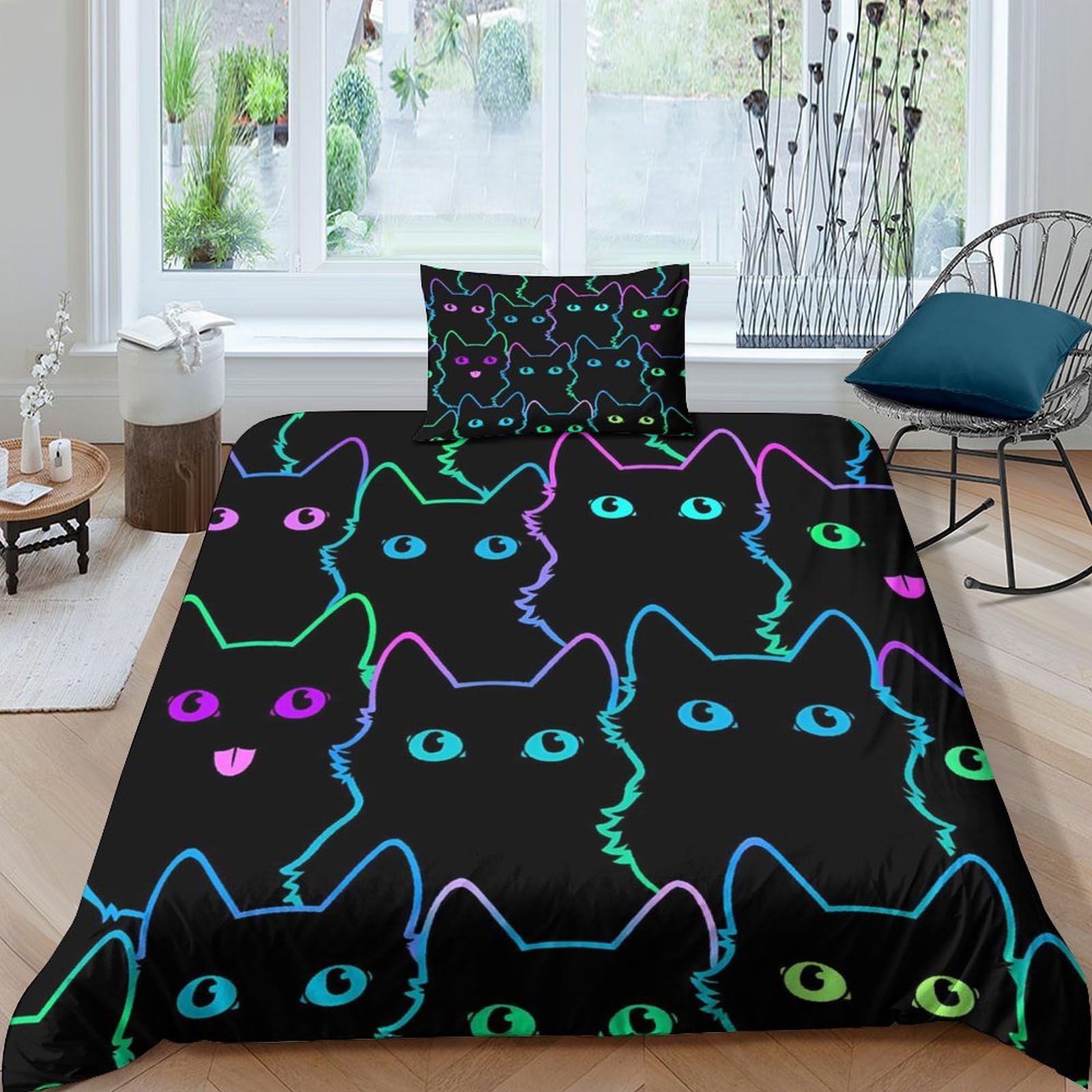 Housse de couette chat mignon 135x200 cm lavable pour lit simple ado