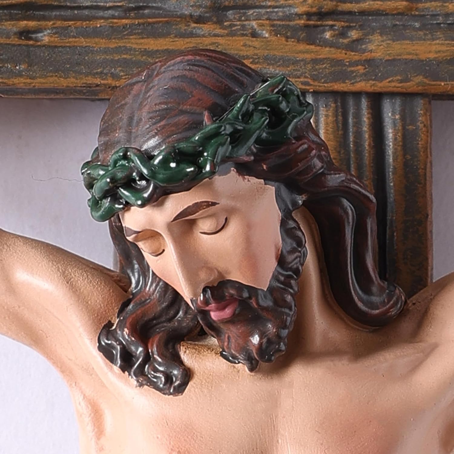 Catholic Crucifix Wall Cross - 12" Hand-Painted Jesus Christ Wall Decor, Realistic Wood-Grain Resin Renaissance Sculpture, Inspirational Home Décor & Religious Gifts