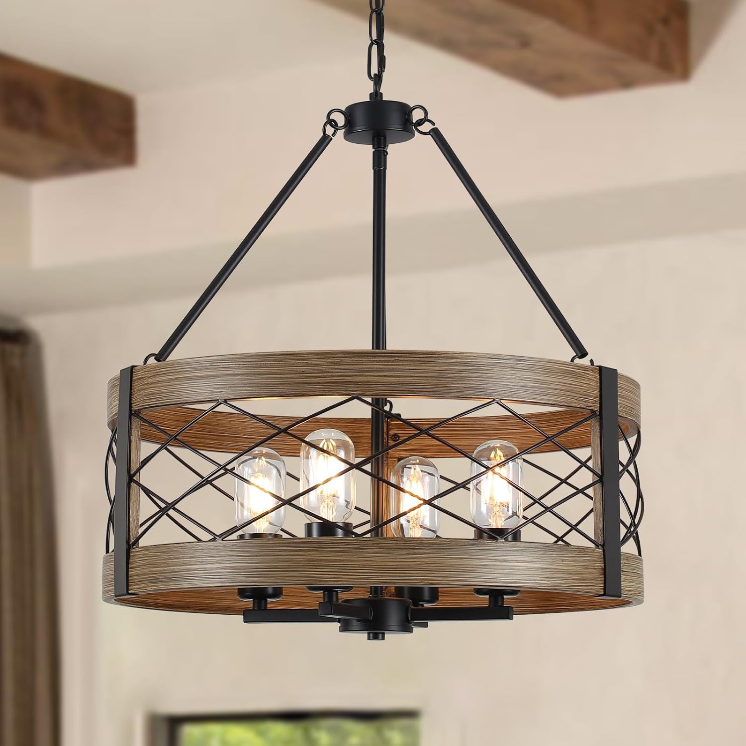 Chandelier - Black & Walnut, Metal & Wood, Drum