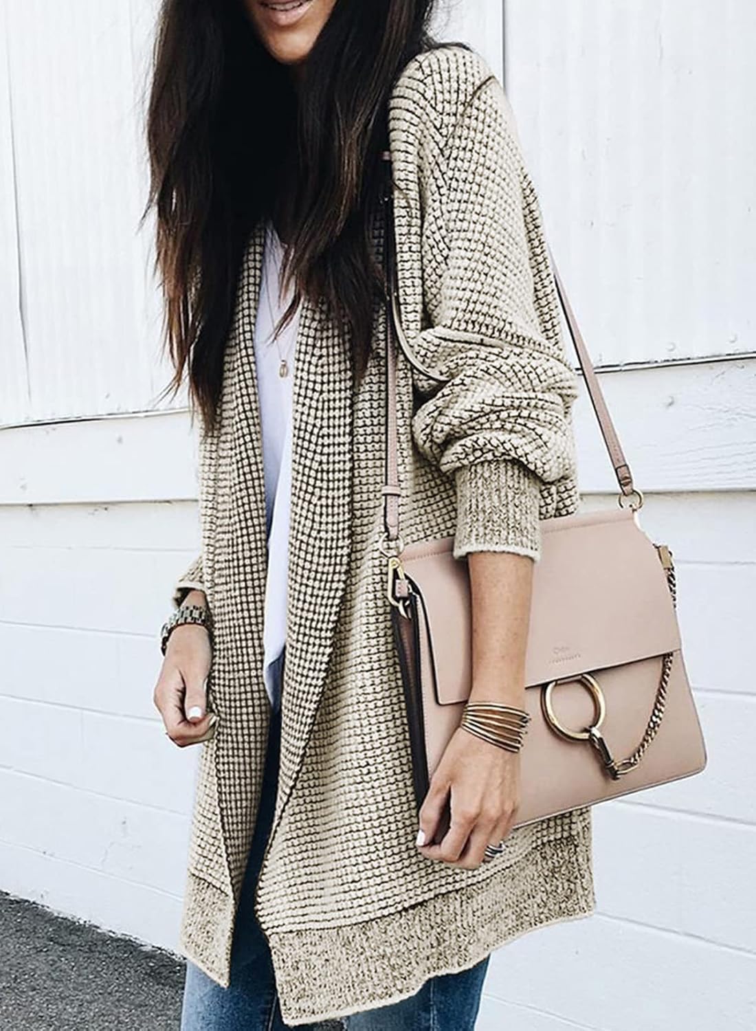 Sidefeel Womens 2025 Fall Outfits Long Sleeve Open Front Cardigan Sweaters Oversized Checkered Chunky Knit Sweaters Coat - Image 2