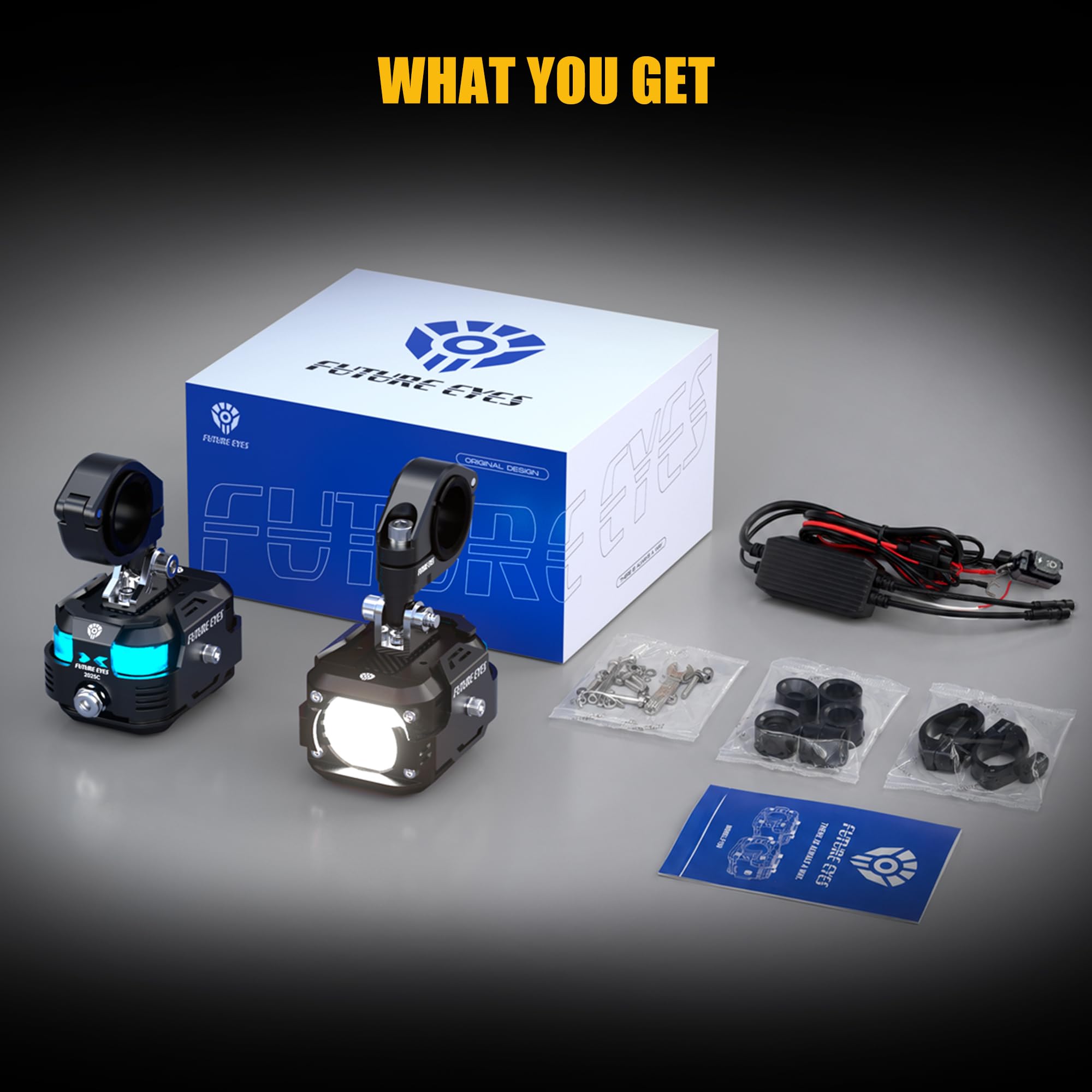 Future Eyes Fari Supplementari Moto 6000LM 60W, Future Eyes Luci LED Omologate ECE E-Mark E57, Fari Antinebbia IP67, Fari Aggiuntivi per Moto, Luci LED Potenti Antiabbagliamento 360°