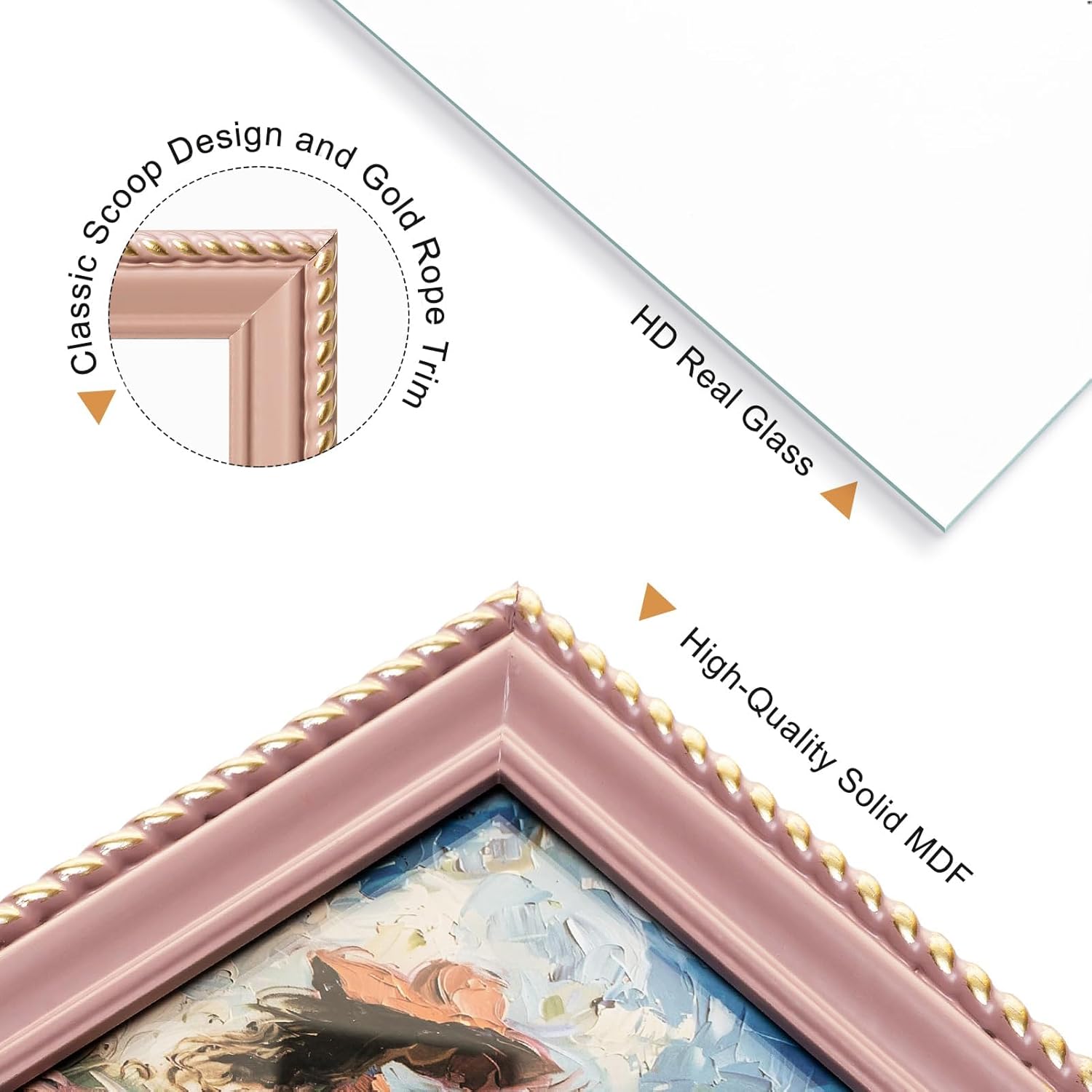 4x6 Picture Frame in Pink with Classic Rope Edge, Solid Wood with Real Glass, Vertical and Horizontal Desk Tabletop or Wall Hanging