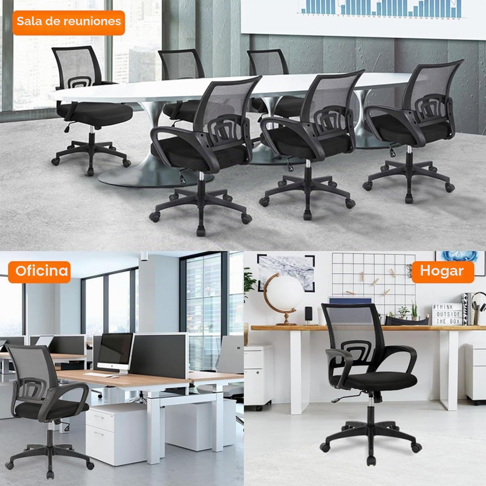 DASCK Pack 2 Sillas Oficina Ergonómicas – Malla Transpirable, Altura Ajustable, Ruedas 360°, Base Negra, para Oficina y Home Office - Color Negro