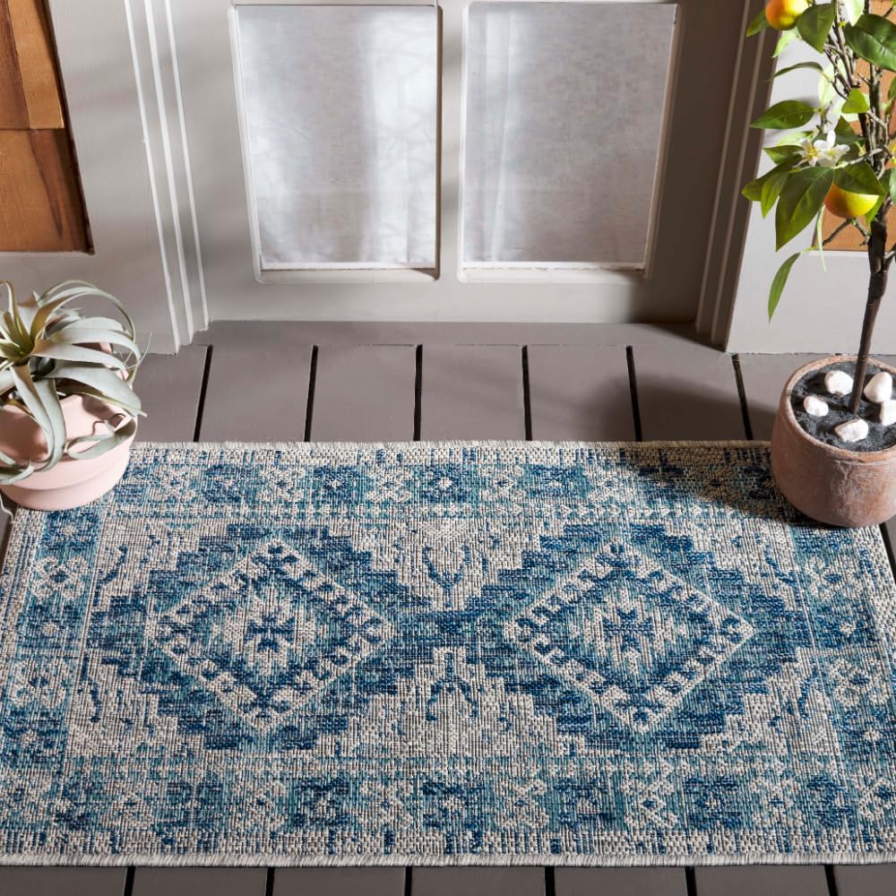 SAFAVIEH Courtyard Collection Accent Rug - 2' x 3'7", Light Grey & Blue, Non-Shedding & Easy Care, Indoor/Outdoor & Washable-Ideal for Patio, Backyard, Mudroom (CY8546-36812)
