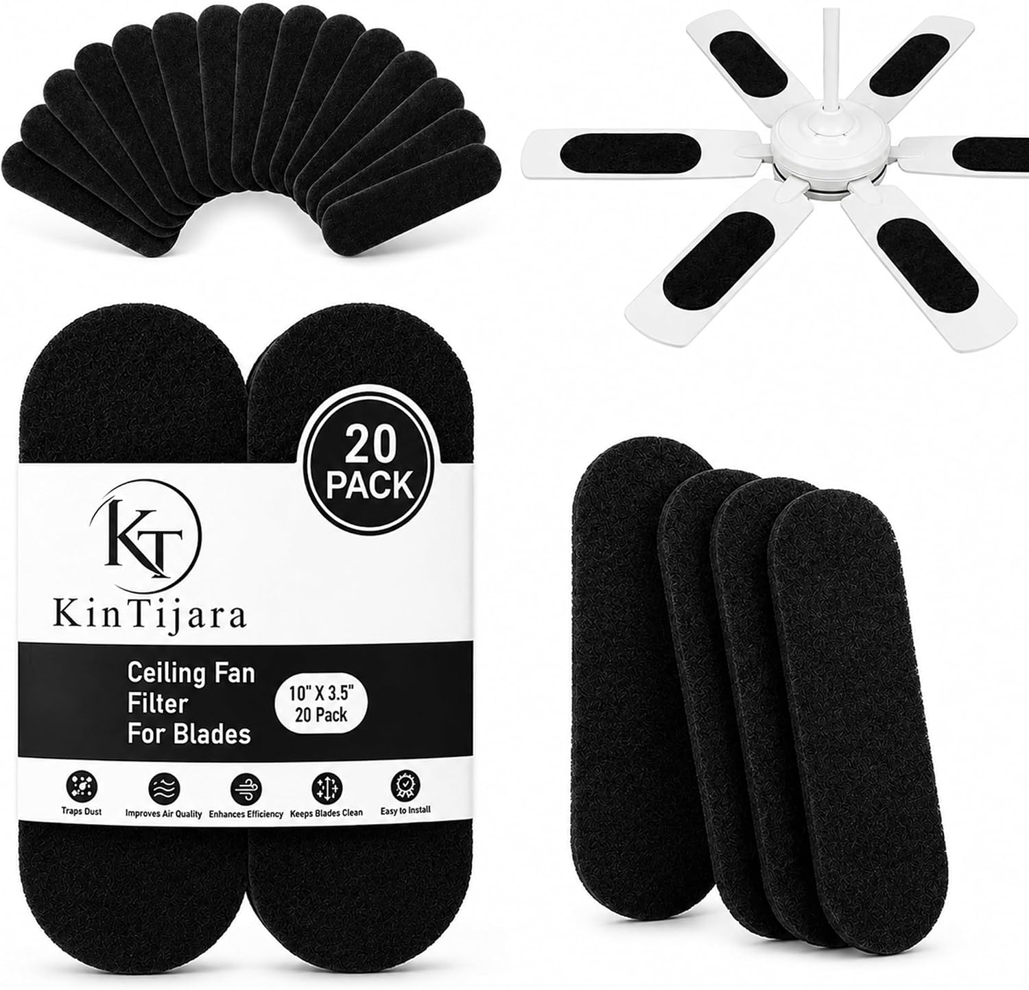20 Pack Ceiling Fan Filters for Blades - Activated Carbon Fan Blade Cleaner and Dust Catcher Pads, Universal Ceiling Fan Filter for Dust, Pollen and Pet Hair