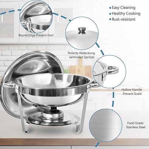 Miniatura 2 de JSTUOKE Juego de 6 platos de acero inoxidable de tamaño completo, 6 cuartos de galón, juego de calentador redondo plateado con bandejas de alimentos
