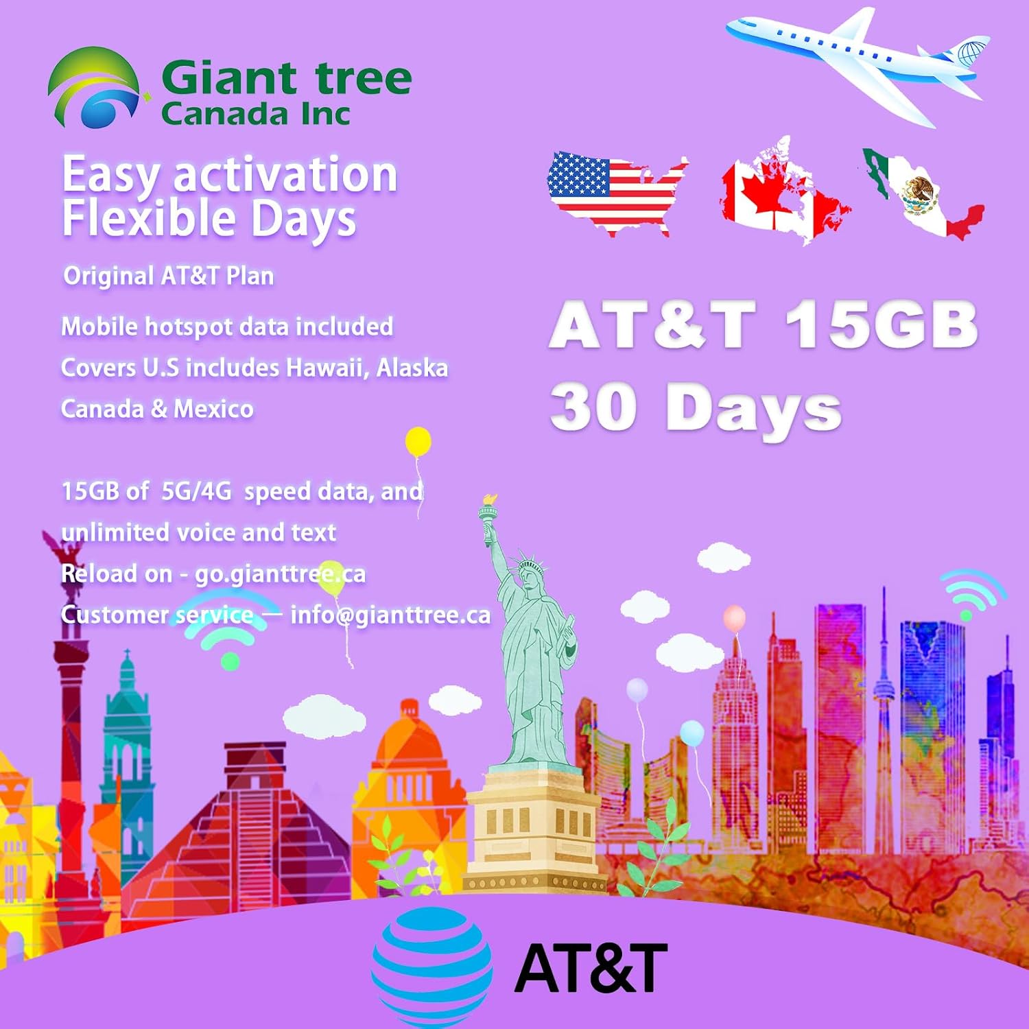 North America travel SIM card AT&T Prepaid 15GB (30 days) USA Sim card