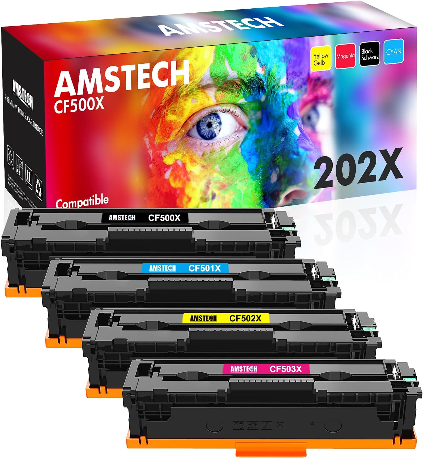 Amstech Compatible Toner Cartridge Replacement for HP 202A 202X CF500X CF501X CF502X CF503X for HP Laserjet Pro MFP M281fdw M281cdw M254dw M254dn M280nw Printer (Black Cyan Yellow Magenta, 4-Pack)