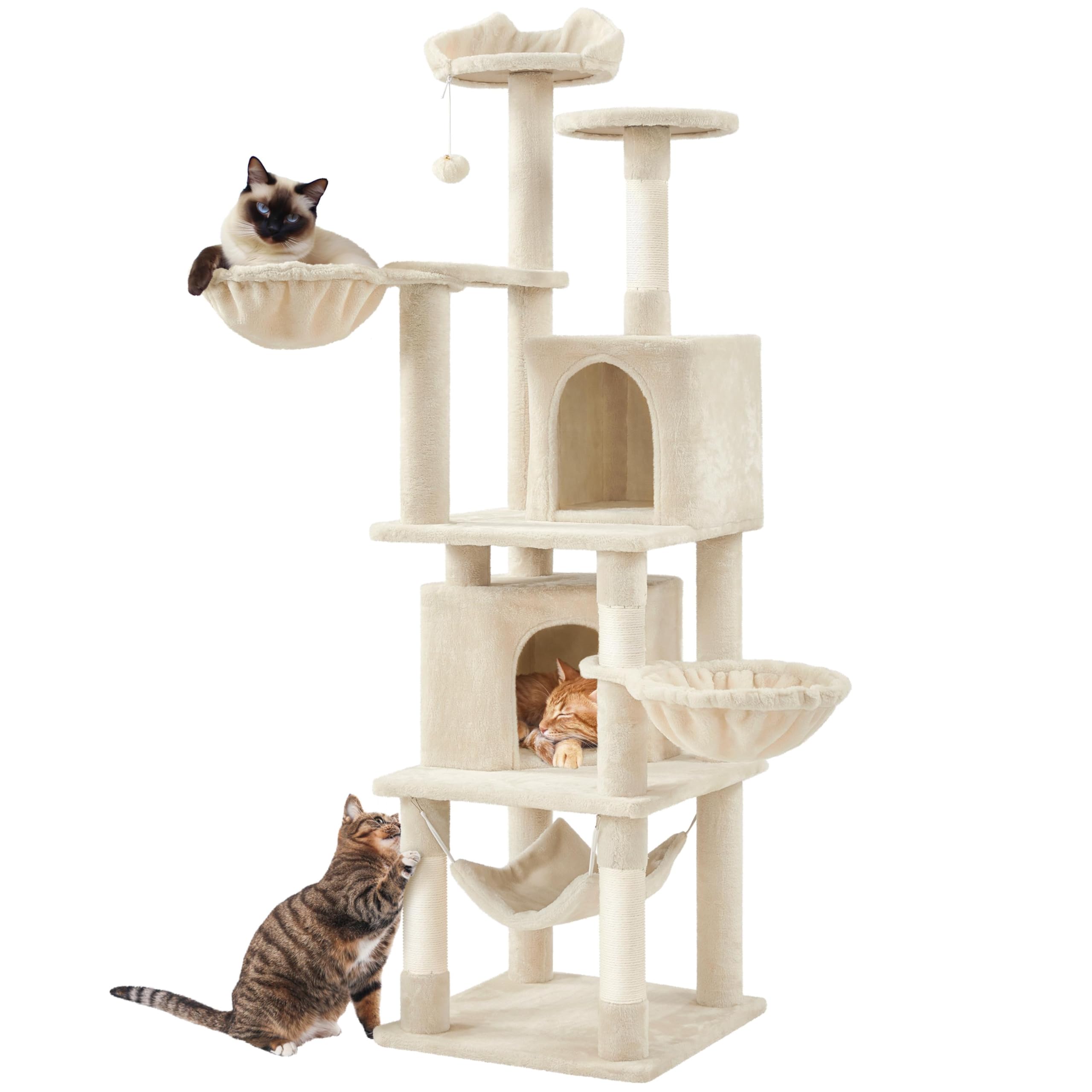 Yaheetech Katzenkratzbaum 175 cm deckenhoch Kratzbaum für Katzen, Stabil Kletterbaum mit Sisal-Kratzsäulen Plattformen Korb Hängematte Plüschball, Beige