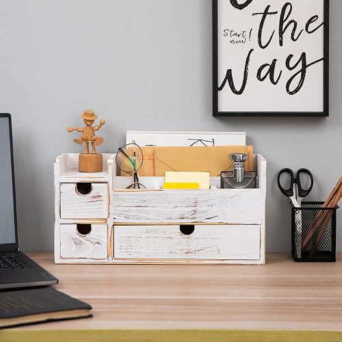White Wooden Desktop Organizer 3 Removable Drawers Office Supplies Wood Storage Caddy Box Stationery Pencil Multiple Cabinet Slots Mail Holder Note Pads Accessories Home Makeup Tools Cosmetic