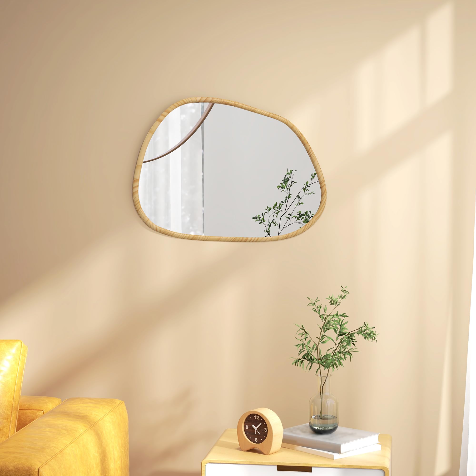 HOMCOM Espejo de Pared Decorativo 70x50 cm Espejo de Baño con Forma Irregular y Marco de Madera para Salón Entrada Pasillo Horizontal o Vertical Natural