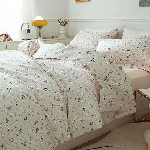 Miniatura 6 de Faincy Juego de edredón floral tamaño individual, juego de ropa de cama alternativa con estampado de hojas de flores rosas y blancas, 68 x 90