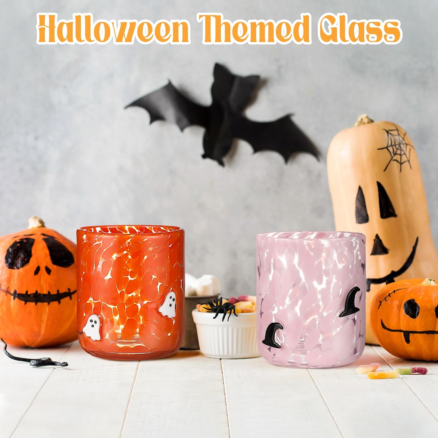 Yoiemivy 2 Pack Halloween Icon Juice Glasses 14 oz Double Old Fashioned Icon Handblown Stemless Wine Glasses Cute Ghost Glass Drinking Cups for Halloween Fall Party Supplies - Image 5