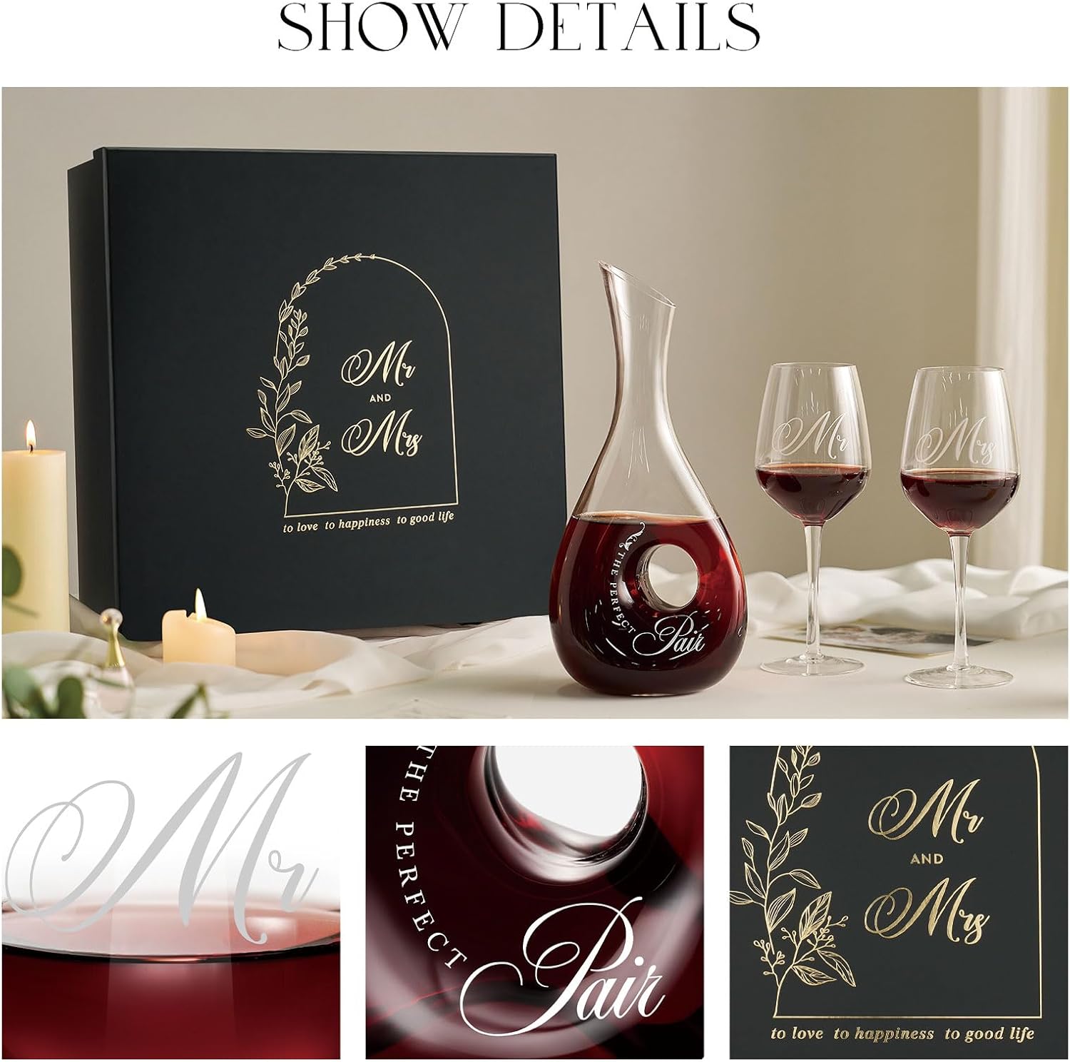 AW BRIDAL Mr and Mrs Wine Glasses for Wedding Bridal Shower Engagement Gifts, Wedding Glasses with Wine Decanter for Couples Newlyweds, Anniversary Bachelorette Party Bride Gifts - Image 9