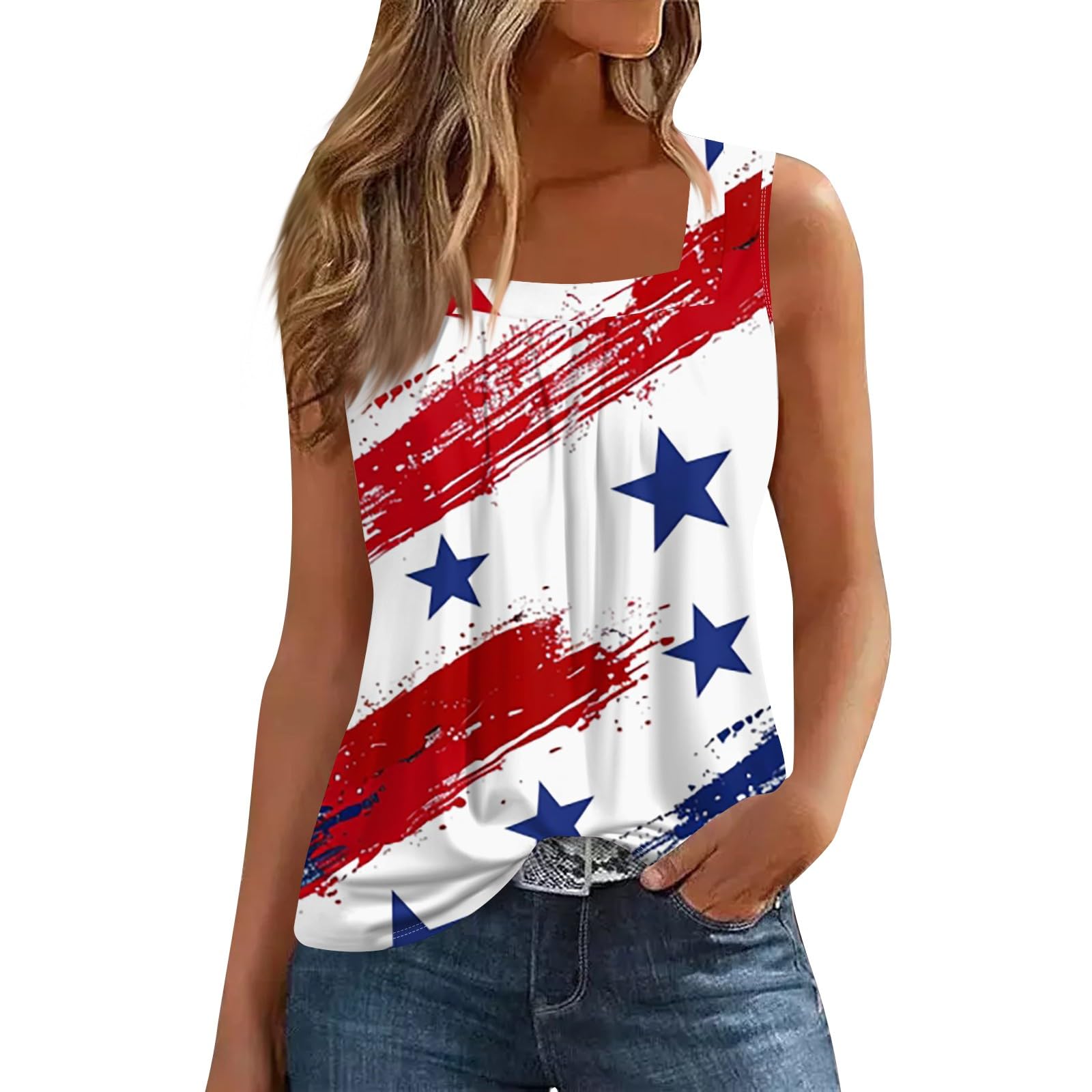 NAMTYQX Summer Tank Tops for Women Pleated Square Neck Shoulder Sleeveless Shirts Casual Loose Fit Trendy Camisole Blouse