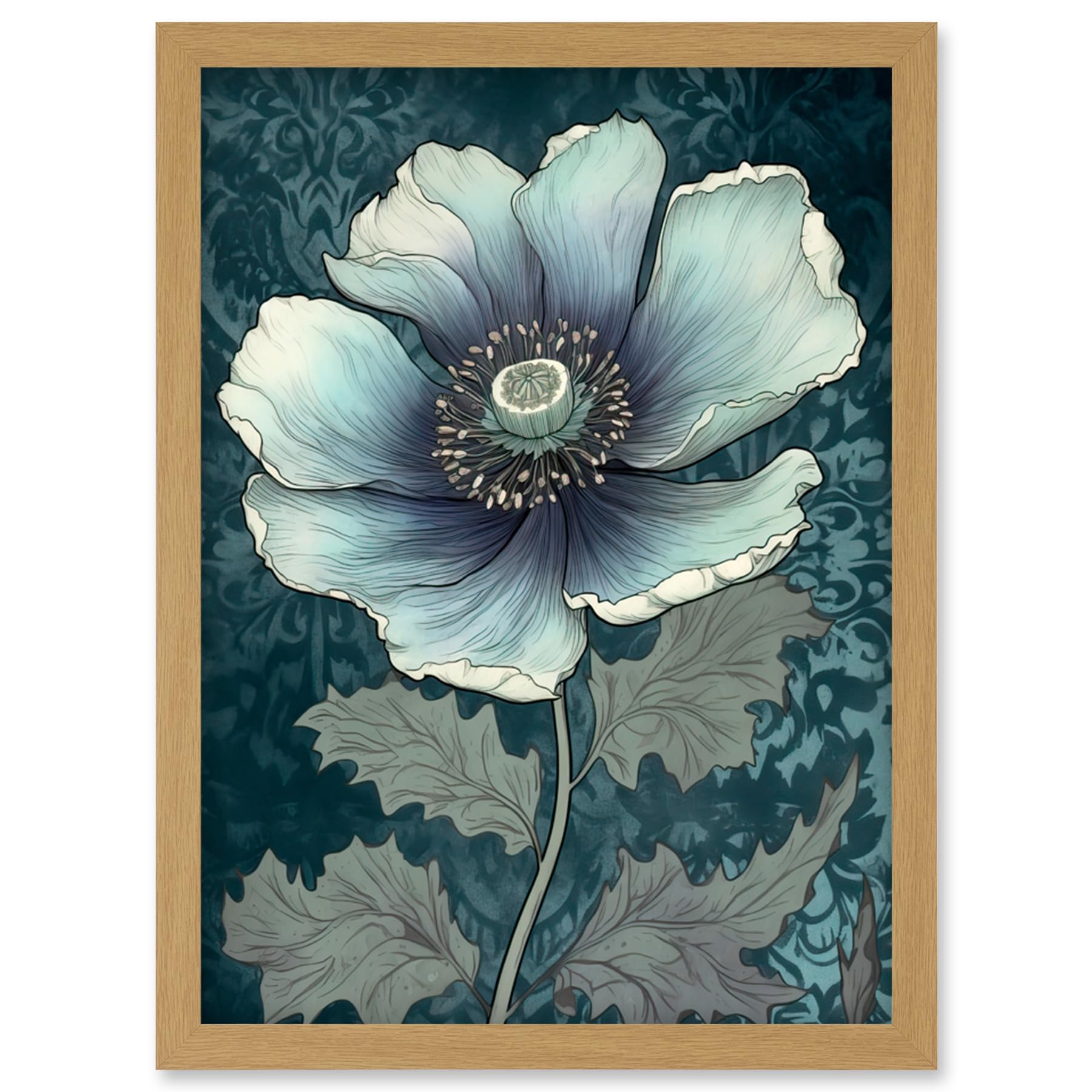 Artery8 Anemone Flower Bloom Teal Blue Watercolour Artwork Framed Wall Art Print A4