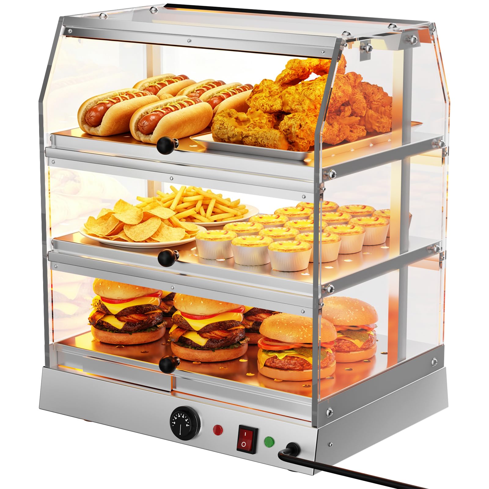 Exhibidor comercial de 3 niveles, vitrina de alimentos calientes de acero inoxidable con iluminación LED, temperatura ajustable de 30 a 85 °C, vitrina eléctrica calentada para hamburguesas