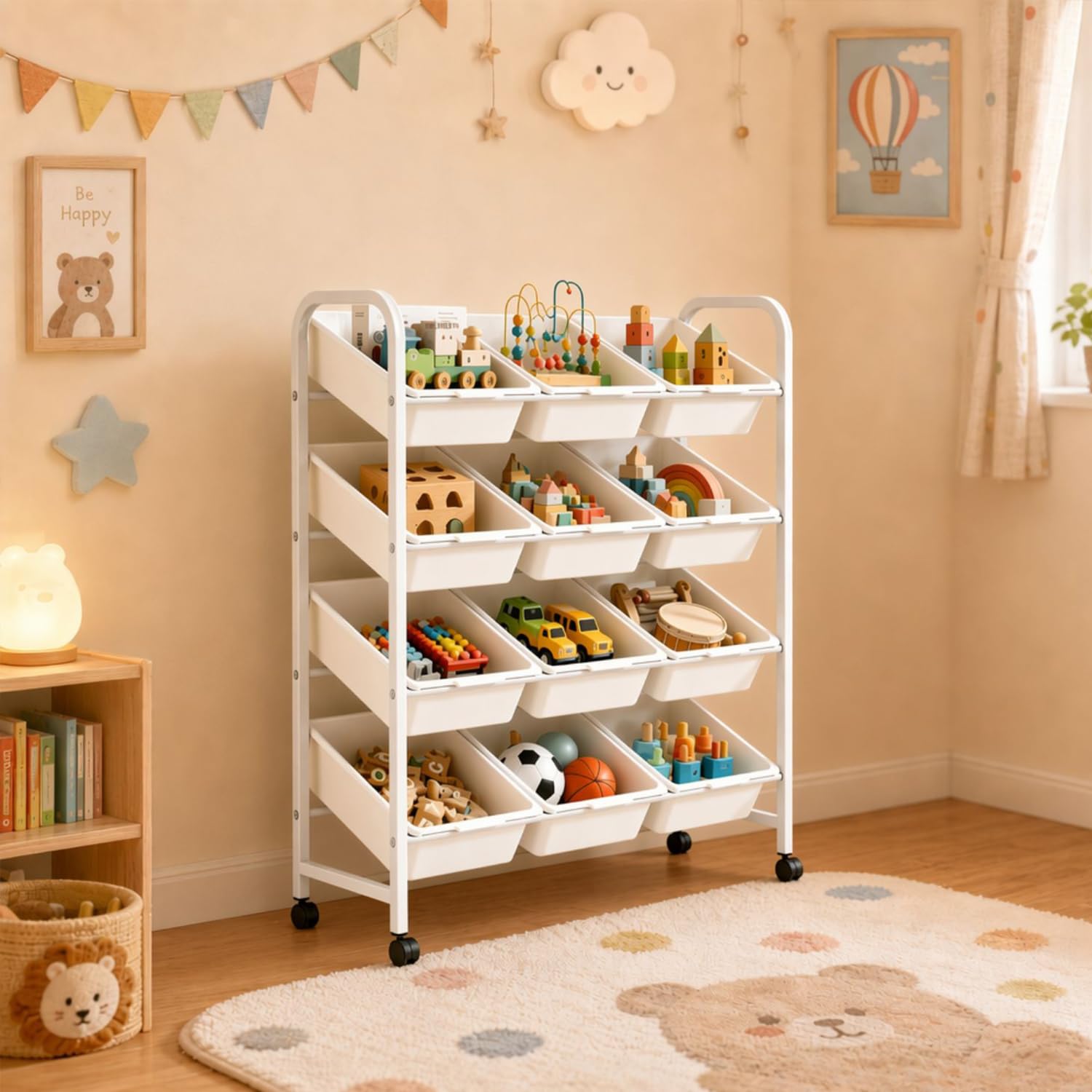 4 Etagen Spielzeugregal mit 12 Boxen,Kinder Organizer Weiß