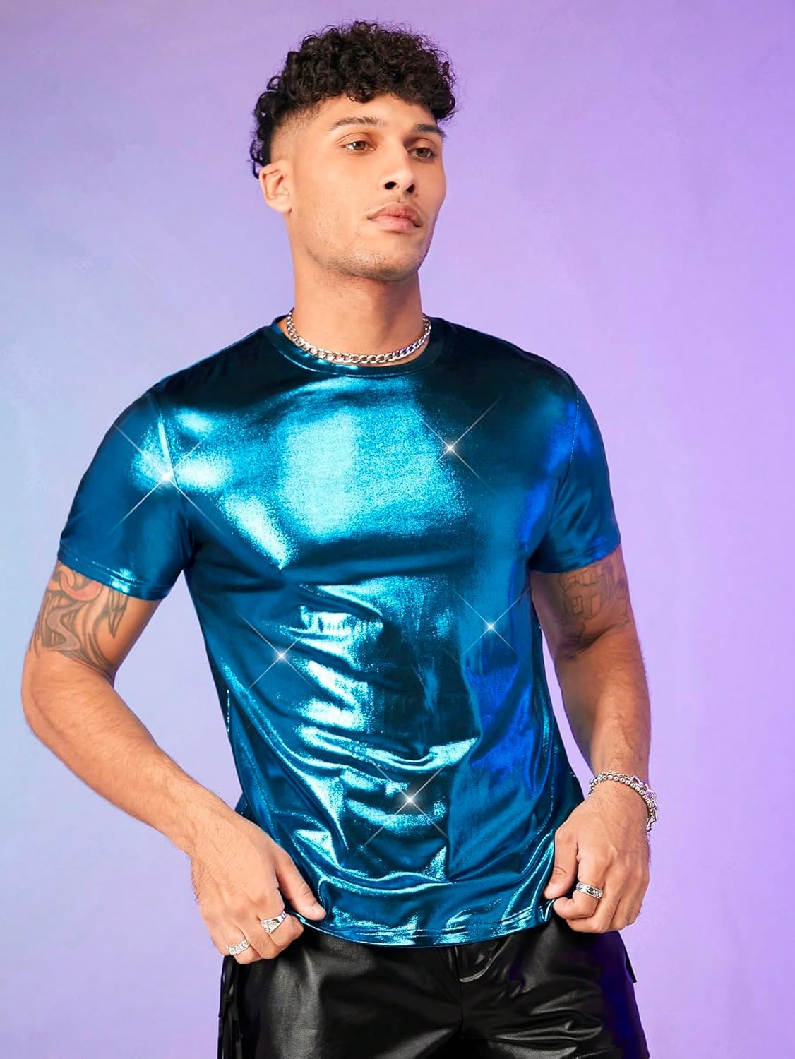 WDIRARA Men's Metallic Round Neck Short Sleeve Tee Party T Shirt Top - Image 5
