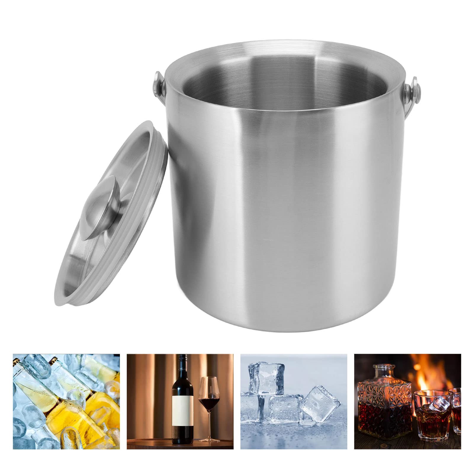 Cubitera de Champán Cubitera de Hielo de Acero Inoxidable de Doble Pared con Tapa y Asa Cubitera de Hielo para el Hogar, Bares y Restaurantes (2L)