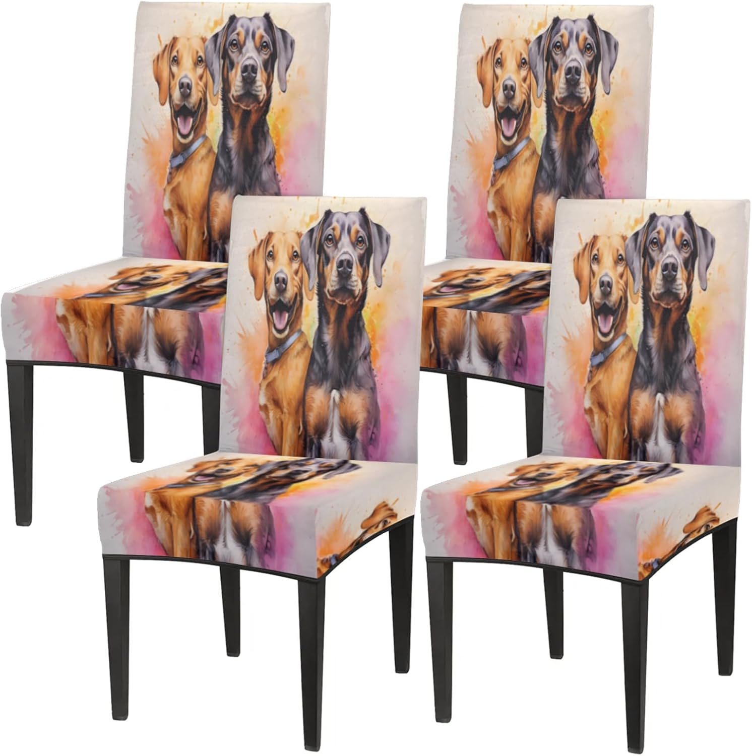 QsirBC Dogs Watercolor Stretch Dining Room Chair Covers Set of 6 Chair Slipcovers Removable Washable Kitchen Seat Covers Chair Protectors for Hotel Party Wedding