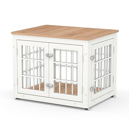26 Inch Heavy Duty Dog Crate Furniture for Small Dogs, Decorative Pet House End Table, Wooden Cage Kennel Furniture Indoor, White and Natural