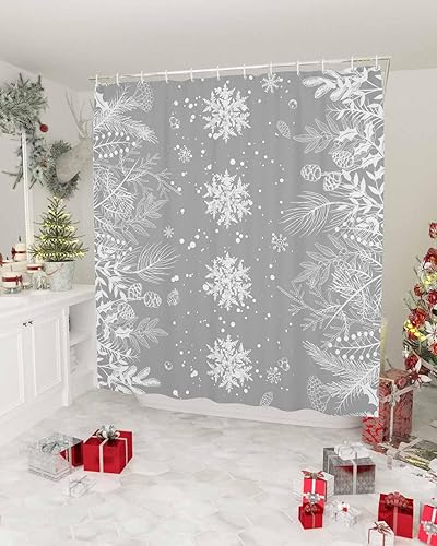 Miniatura 2 de Cortina de ducha de Navidad, diseño geométrico de copos de nieve, impermeable, lavable, bohemio, divertido, juego de cortinas de ducha para baño,