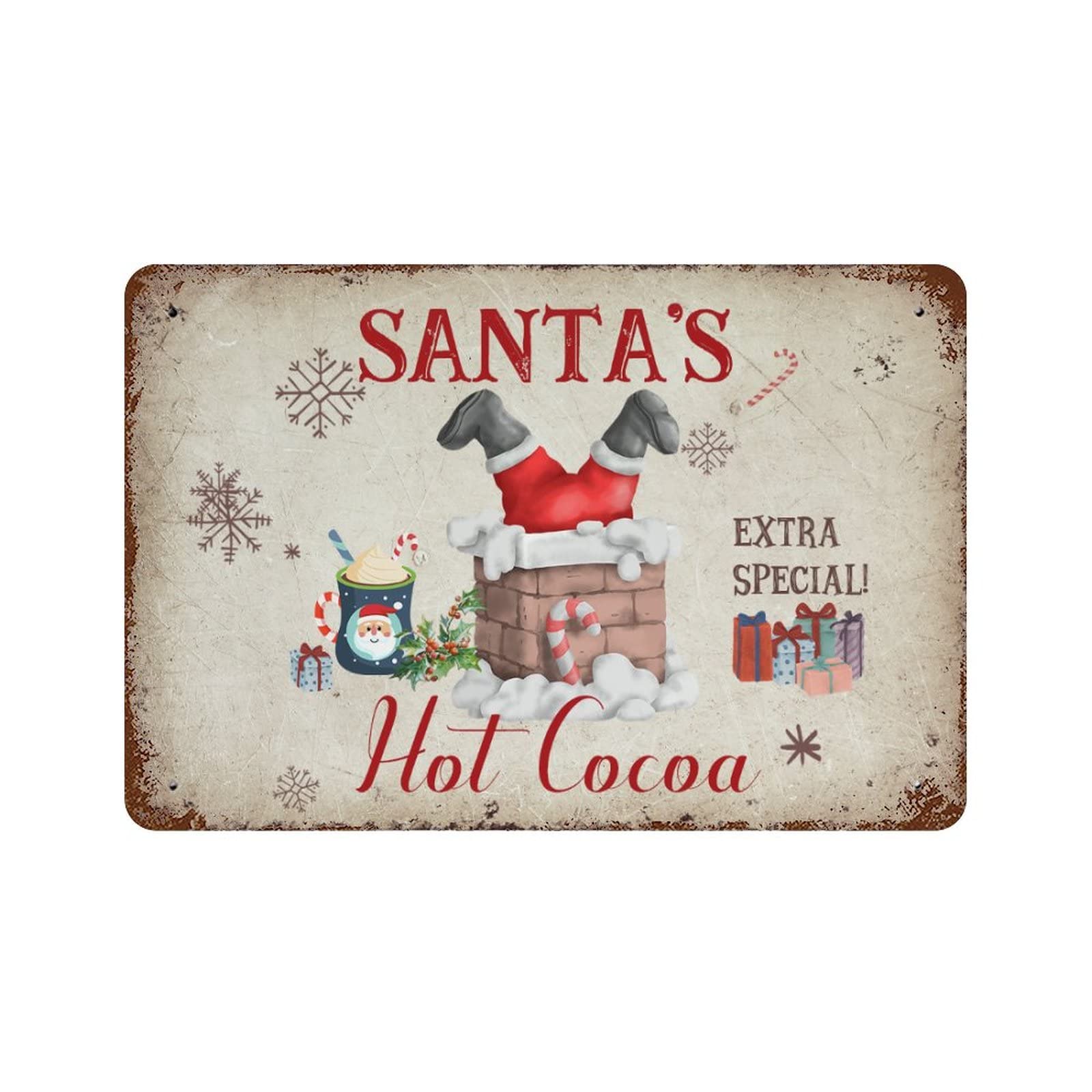 Pancarte de Noël Santa's Hot Cocoa en aluminium vintage pour déco maison 30x45cm