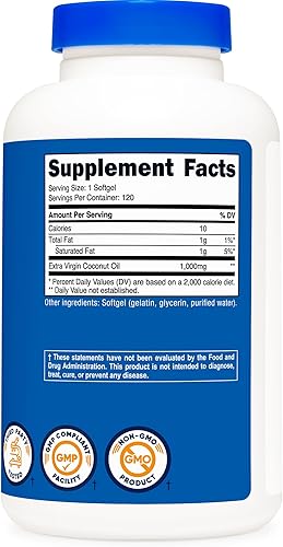 Miniatura 9 de Nutricost Cápsulas blandas de aceite de coco (1000 mg), 240 cápsulas blandas, aceite de coco virgen extra, sin gluten y sin OMG