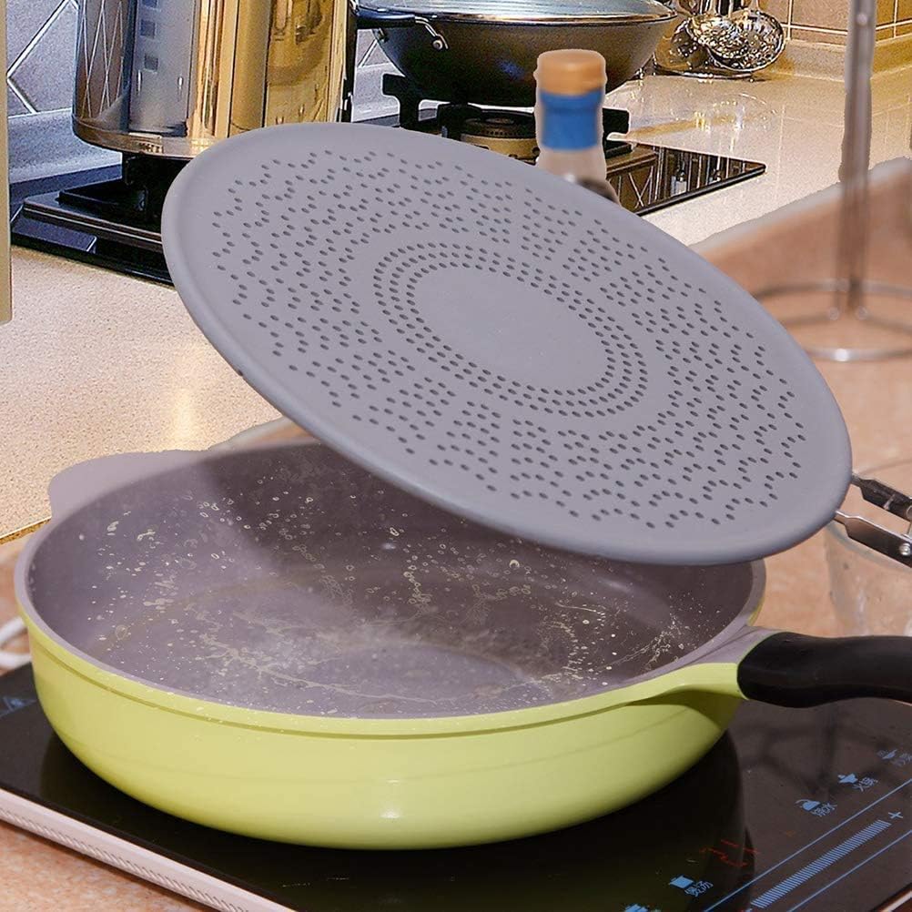 SKEMIX 11.5" Silicone Splatter Screen - Pan Cover with Folding Handle, High Heat Resistant Oil Splash Guard - Heat Insulation Cooling Mat, Strainer, Drain Board for Frying Pan(Grey)
