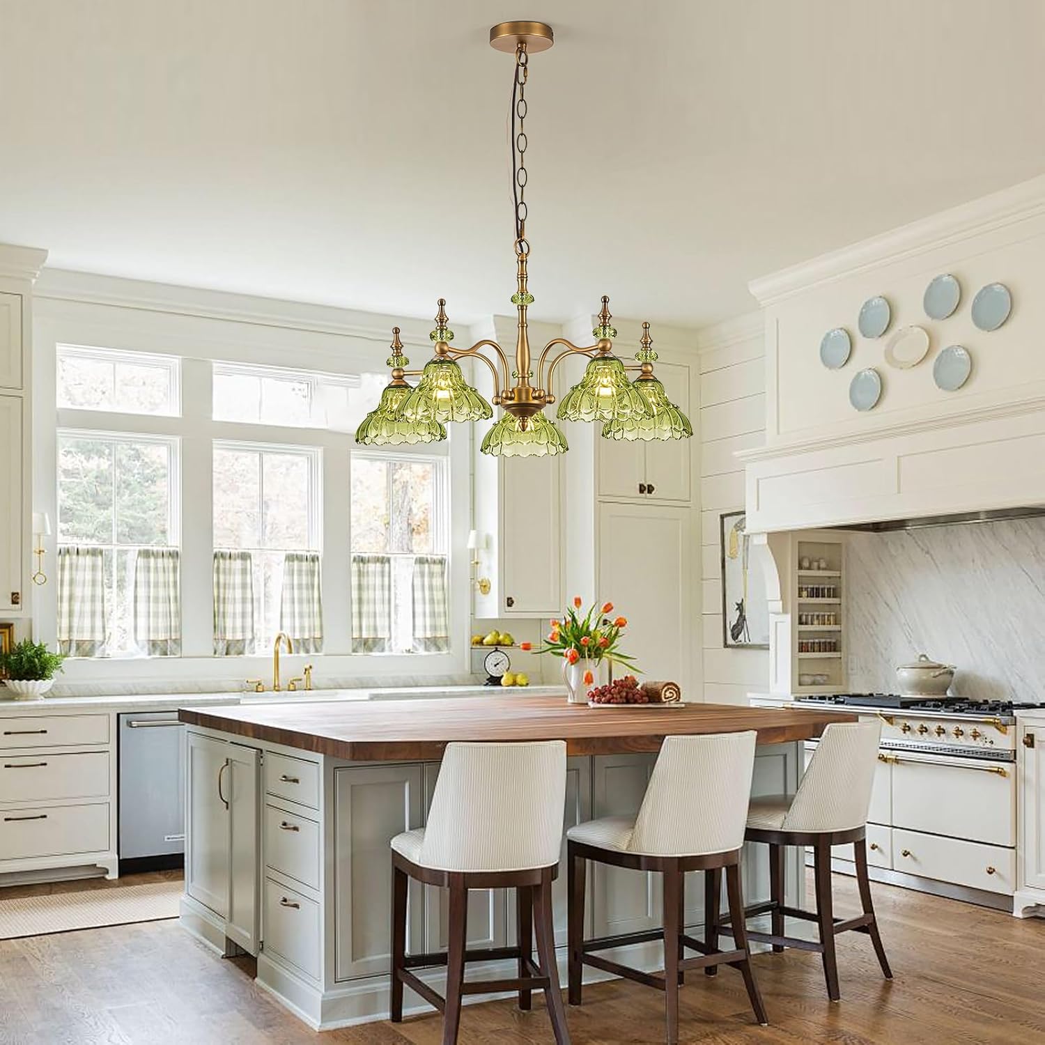 HDDFL Chandeliers Light 5 Lights Chandelier Lamp Modern Pendant Lighting Fixtures Hanging Lamps for Dining Room Entryway Living Room Bedrooms Foyer Entrance Kitchen Brass and Green